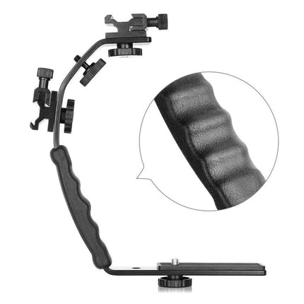 L-Shaped Aluminum Camera Bracket for Flashes and Microphones with ergonomic grip and adjustable mounts for LED lights and external mics