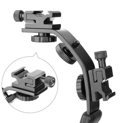 L-Shaped Aluminum Camera Bracket for Flashes and Microphones mounted with dual cold shoe mounts and adjustable knobs, lightweight aluminum alloy
