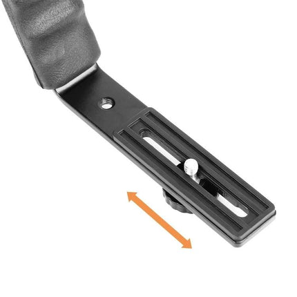 L-Shaped Aluminum Camera Bracket for Flashes and Microphones - adjustable mounting slot for flash or mic on camera grip
