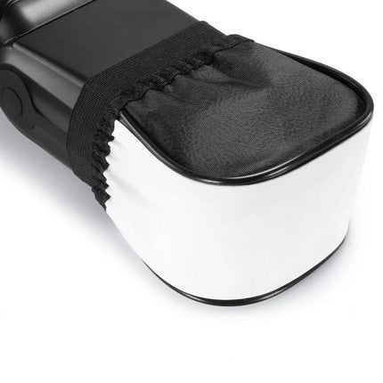 Universal Mini Soft Flash Diffuser for Everyday Photography - compact white softbox attached to a camera flash to soften indoor portrait lighting