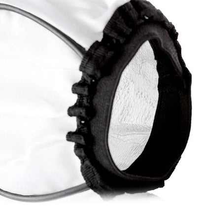 Universal Mini Soft Flash Diffuser for Everyday Photography - close-up of universal soft diffuser attached to flash, white fabric and elastic mount