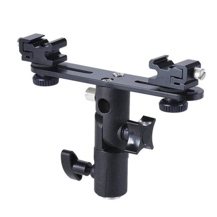 Double Hot Shoe Flash Stand Bracket for Photography Lighting mounted on stand showing dual hot shoe mounts for studio and outdoor flash setups