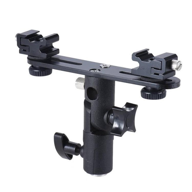 Double Hot Shoe Flash Stand Bracket for Photography Lighting mounted on stand showing dual hot shoe mounts for studio and outdoor flash setups