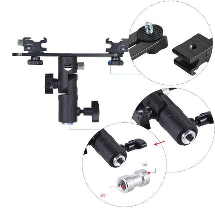 Double Hot Shoe Flash Stand Bracket for Photography Lighting, black dual hot shoe mount with 3/8"-1/4" adapter and adjustable swivel joint