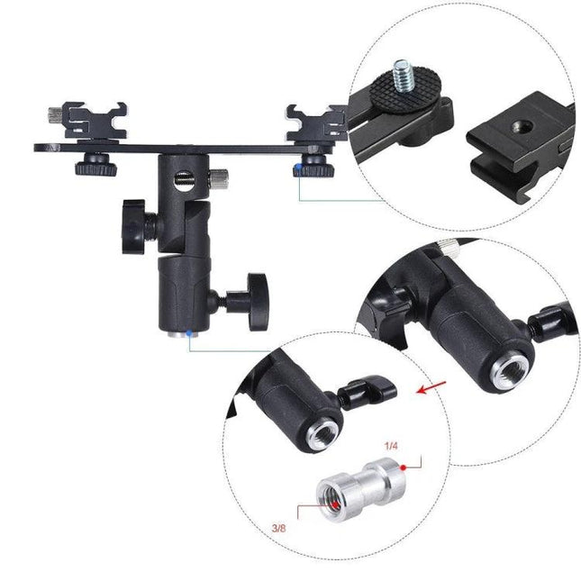 Double Hot Shoe Flash Stand Bracket for Photography Lighting, black dual hot shoe mount with 3/8"-1/4" adapter and adjustable swivel joint