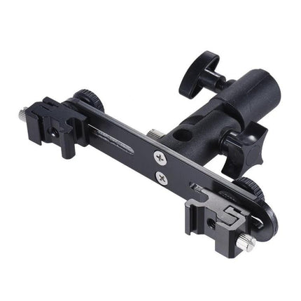 Double Hot Shoe Flash Stand Bracket for Photography Lighting mounted on lamp holder for secure dual flash positioning, ideal for portrait and event lighting setups