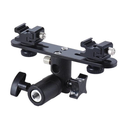 Double Hot Shoe Flash Stand Bracket for Photography Lighting - black metal dual flash mount for studio and outdoor lighting setups