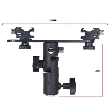 Double Hot Shoe Flash Stand Bracket for Photography Lighting - dual hot shoe mount for securely attaching flashes to lamp holders (18.5cm x 9cm)