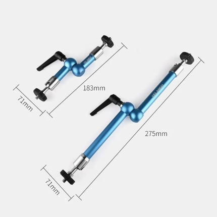 YELANGU 11-Inch Adjustable Magic Arm for Versatile Positioning - blue stainless steel arm showing 183mm and 275mm lengths, secure clamps and quick-adjust lever