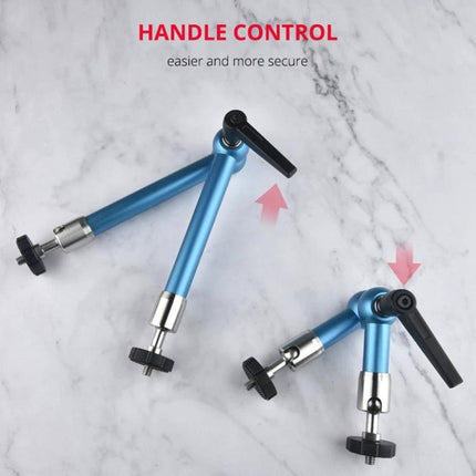 YELANGU 11-Inch Adjustable Magic Arm for Versatile Positioning blue stainless steel arm with handle control for camera and light mounting