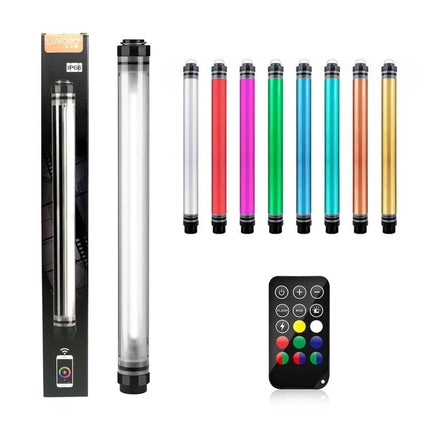 LUXCeO P7RGB Pro Handheld LED Light for Photo and Video Sessions showing main tube, colorful RGB tubes, and remote control