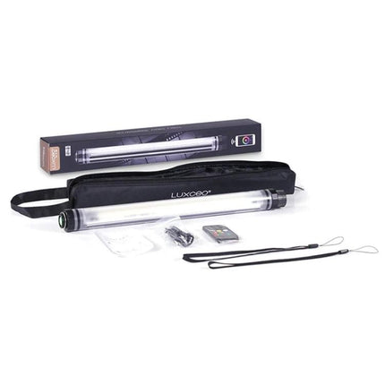 LUXCeO P7RGB Pro Handheld LED Light for Photo and Video Sessions shown with carrying case, remote, straps and packaging