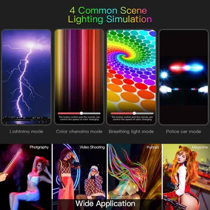 LUXCeO P7RGB Pro Handheld LED Light for Photo and Video Sessions showing 4 scene lighting simulations and wide application