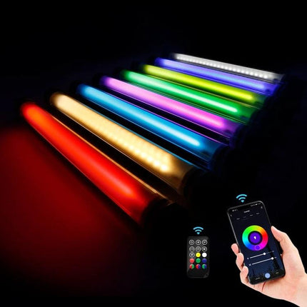 LUXCeO P7RGB Pro Handheld LED Light for Photo and Video Sessions showing multiple color tubes controlled by mobile app