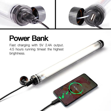 LUXCeO P7RGB Pro Handheld LED Light for Photo and Video Sessions showing power bank USB charging and phone being charged