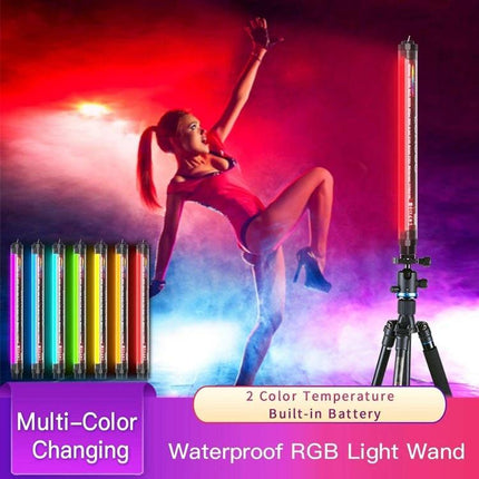 LUXCeO P7RGB Pro Handheld LED Light for Photo and Video Sessions showing RGB light wand on tripod with dancer and multi-color background