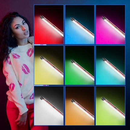 LUXCeO P7RGB Pro Handheld LED Light for Photo and Video Sessions showing model and nine color panels demonstrating adjustable RGB lighting