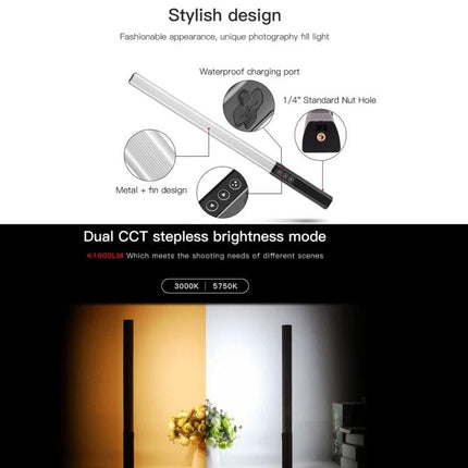 LUXCeO Handheld LED Video Light with Dual Color Temperature, handheld dual CCT lamp showing warm and cool tones
