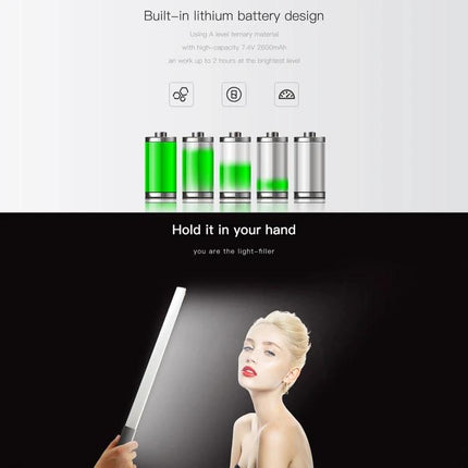 LUXCeO Handheld LED Video Light with Dual Color Temperature showing battery level icons and handheld vlogging use