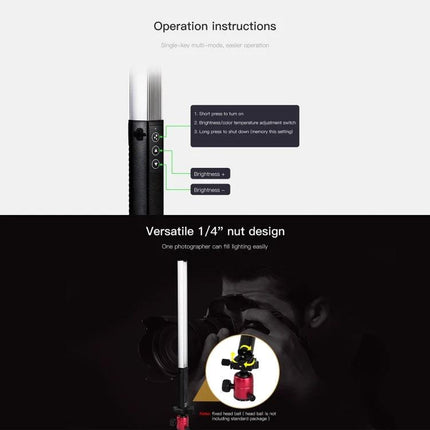 LUXCeO Handheld LED Video Light with Dual Color Temperature showing control buttons, brightness and color temperature instructions