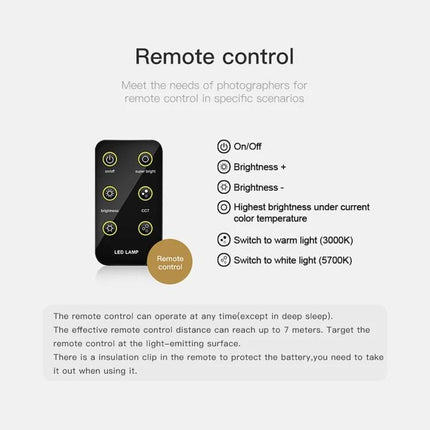 LUXCeO Handheld LED Video Light with Dual Color Temperature remote control panel showing brightness and color temperature buttons