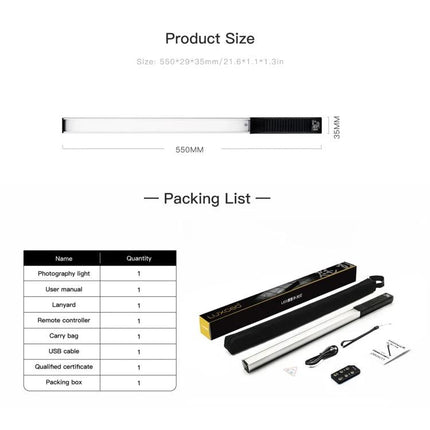 LUXCeO Handheld LED Video Light with Dual Color Temperature showing dimensions and packing list with accessories and remote