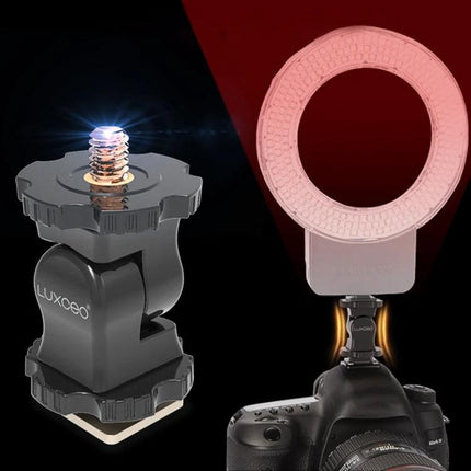 LUXCeO Adjustable Hot Shoe Holder for Camera Accessories mounted on DSLR showing adjustable angle and flash ring compatibility