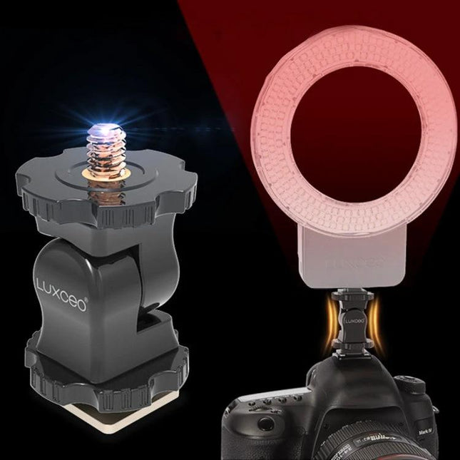 LUXCeO Adjustable Hot Shoe Holder for Camera Accessories mounted on DSLR showing adjustable angle and flash ring compatibility