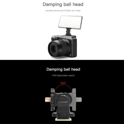 LUXCeO Adjustable Hot Shoe Holder for Camera Accessories mounted showing damping ball head and adjustable 180° tilt