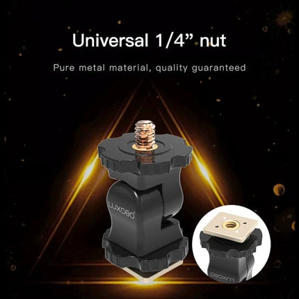 LUXCeO Adjustable Hot Shoe Holder for Camera Accessories showing universal 1/4” nut and metal swivel mount