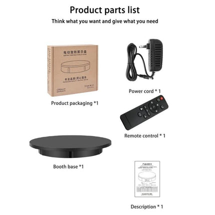 60cm Electric Rotating Display Stand for Product Showcases with booth base, power cord, remote control, packaging and manual