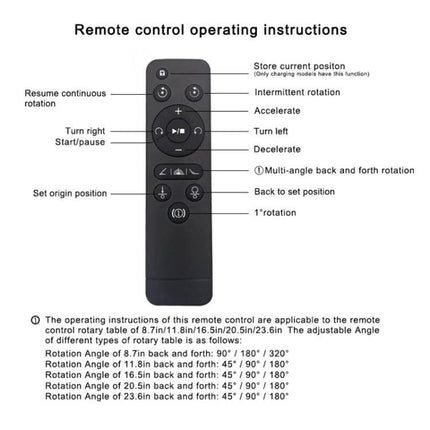 60cm Electric Rotating Display Stand for Product Showcases remote control operating instructions showing buttons and rotation angles