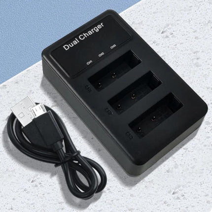 Sony NP-BX1 Battery Triple USB Charger with LCD Display — black triple-slot USB battery charger with LCD status and USB cable