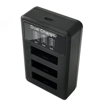 Sony NP-BX1 Battery Triple USB Charger with LCD Display black triple-slot charger showing LCD status icons and three USB charging ports