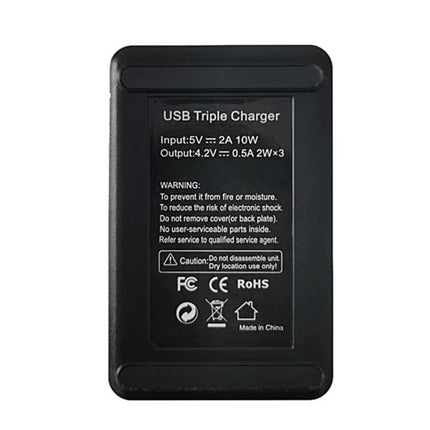Sony NP-BX1 Battery Triple USB Charger with LCD Display - black USB triple charger showing LCD status and safety labels