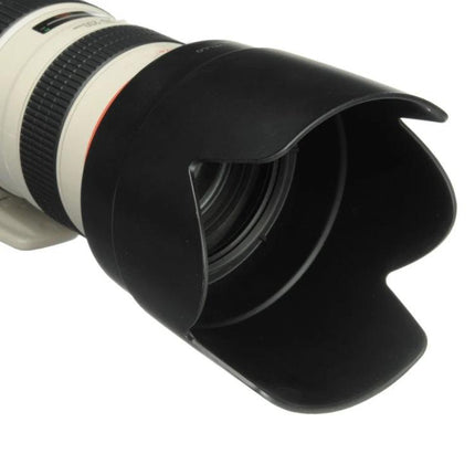 HB-29 Lens Hood Shade for Nikon 70-200mm Photography Lenses on white telephoto lens, durable PVC hood reducing flare and protecting lens