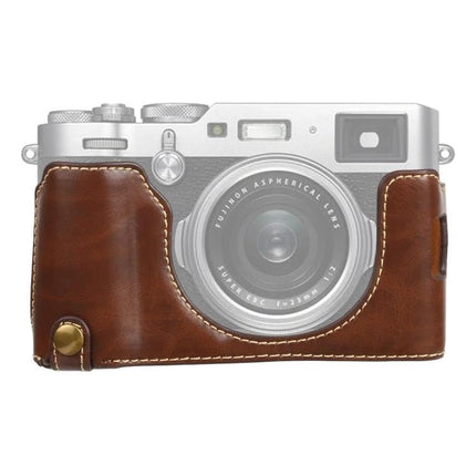PU Leather Half Case with 1/4 Inch Thread for FUJIFILM X100V brown PU leather half-case on camera with 1/4 inch tripod thread