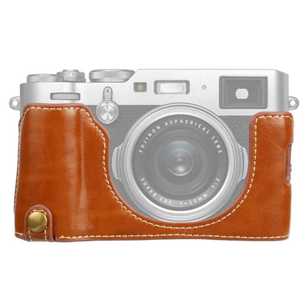 PU Leather Half Case with 1/4 Inch Thread for FUJIFILM X100V - Brown PU leather half case on camera with tripod 1/4" thread