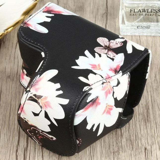 Flower Pattern PU Leather Protective Case for Sony Cameras - black floral camera case protecting mirrorless camera from dust and minor impacts