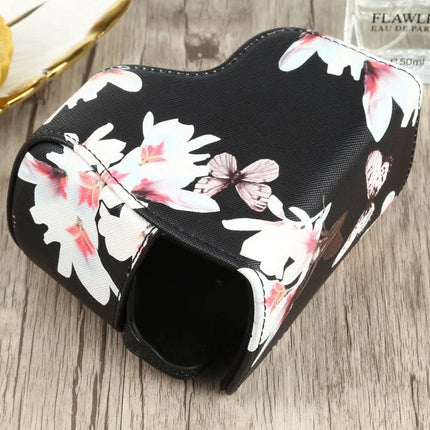 Flower Pattern PU Leather Protective Case for Sony Cameras — black floral PU leather camera case protecting mirrorless DSLR