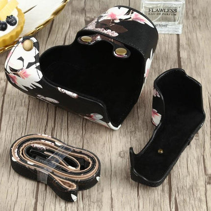 Flower Pattern PU Leather Protective Case for Sony Cameras - black floral PU leather camera case with detachable strap and snap closure