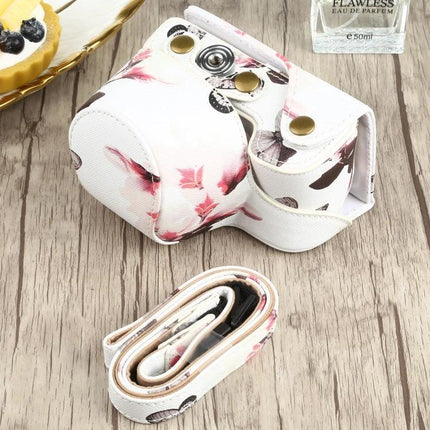 Flower Pattern PU Leather Protective Case for Sony Cameras — white floral PU leather camera case with strap, protects from dust and minor impacts