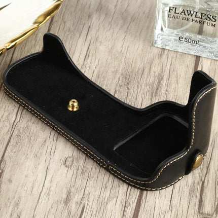 PU Leather Protective Half Case for Everyday Camera Use - black PU leather half case for Canon EOS 90D with suede interior and brass tripod screw