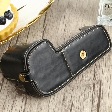 PU Leather Protective Half Case for Everyday Camera Use - black PU leather half case for Canon EOS 90D with gold screw mount