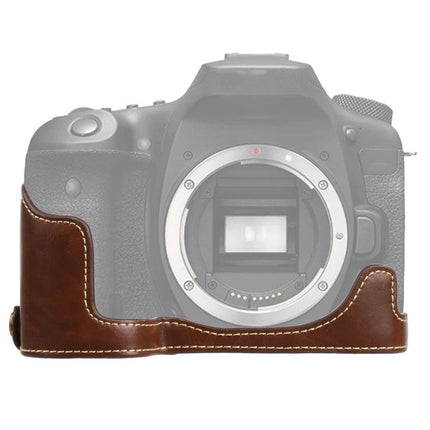 PU Leather Protective Half Case for Everyday Camera Use brown PU leather half-case on Canon EOS 90D showing front body protection and stitched design
