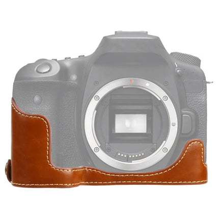 PU Leather Protective Half Case for Everyday Camera Use - brown PU leather half-case on Canon EOS 90D body, lightweight protective camera cover
