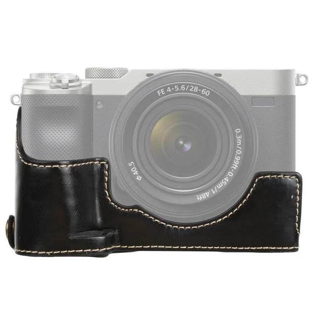 Durable and Protective PU Leather Half Case for Sony Digital Cameras in black fitted on ILCE-7C A7C, protective travel camera cover