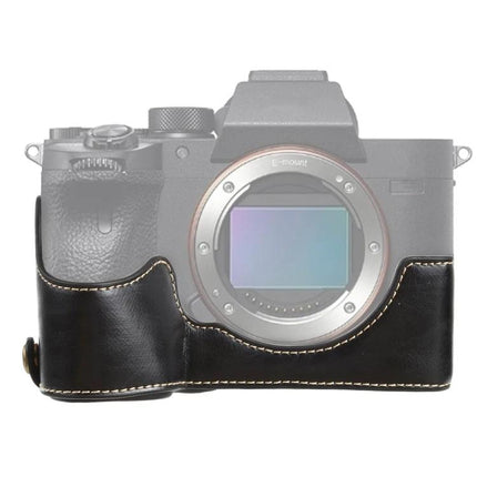 PU Leather Half Case for Sony Cameras with 1/4 Inch Thread - black PU leather half case on mirrorless camera with 1/4 inch tripod thread