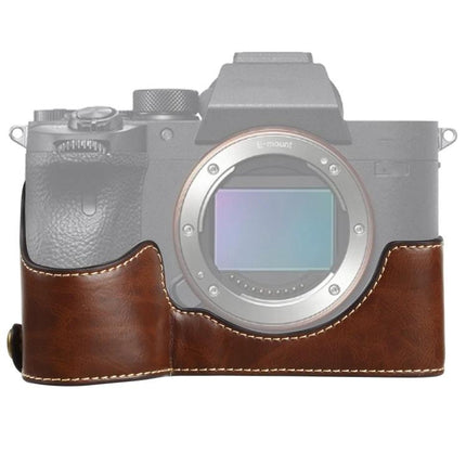 PU Leather Half Case for Sony Cameras with 1/4 Inch Thread brown PU leather half-case on mirrorless camera showing 1/4 inch tripod thread