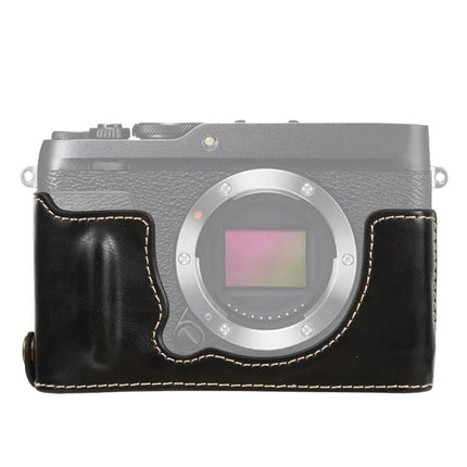 PU Leather Half Case with 1/4 Inch Thread for Fujifilm XE4 Camera shown in black PU leather half-cover protecting camera body with stitching